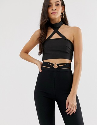 The Girlcode bandage high waist trouser with cut out belt detail in black