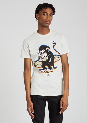 Paul Smith Men's Slim-Fit Ecru Organic Cotton 'Surfing Monkey' Print T-Shirt