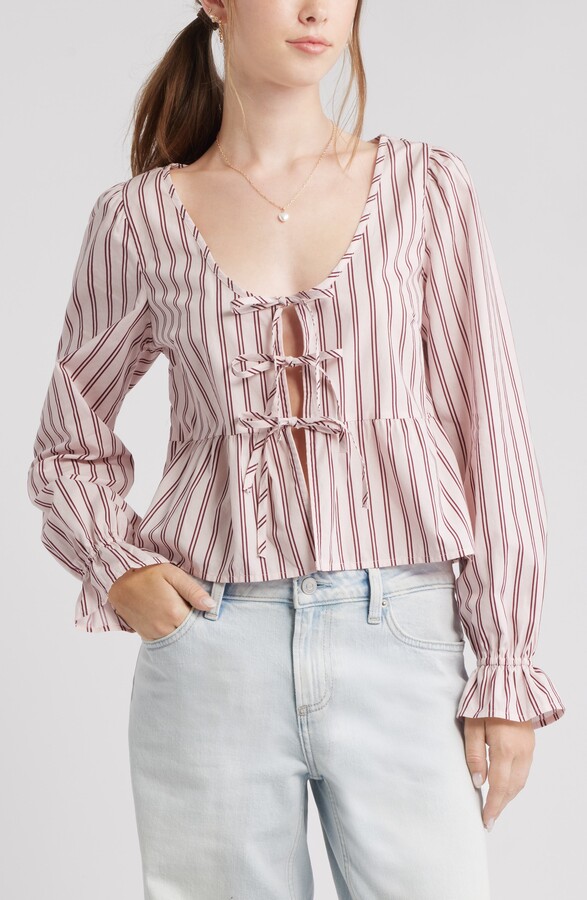 BP Tie Front Scoop Neck Cotton Poplin Peplum Top