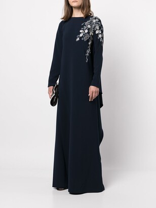 Marchesa Notte Floral-Embroidered Longsleeve Draped Dress