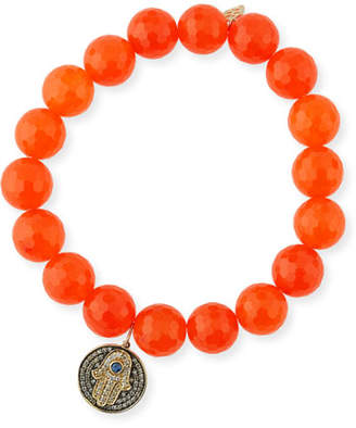 Sydney Evan 10mm Orange Agate Beaded Bracelet with Diamond & Sapphire Hamsa Charm