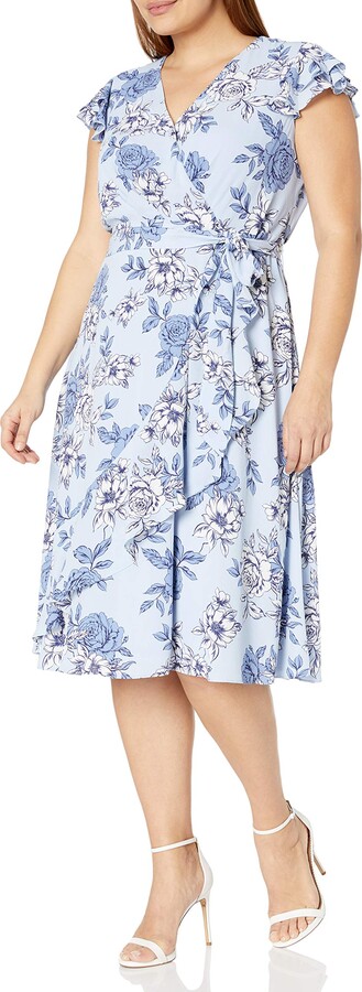 jessica howard balloon sleeve ruffle hem faux wrap midi dress