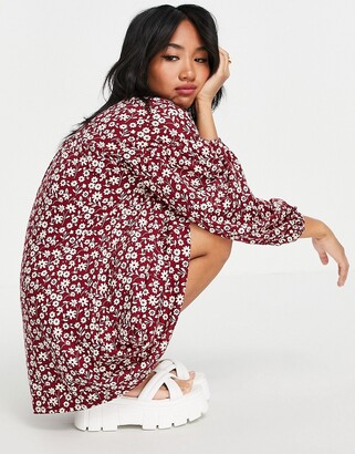 ASOS Petite DESIGN Petite button through oversized mini smock dress with long sleeves in berry floral print