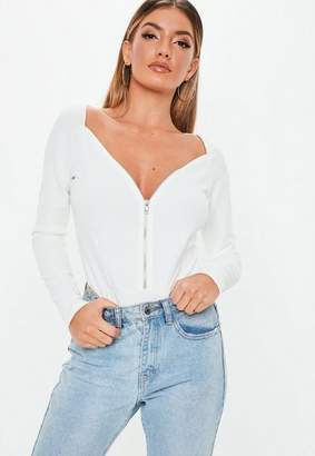 Missguided White Sweetheart Zip Up Bodysuit