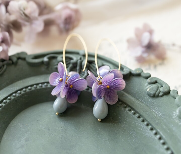 Etsy Purple Hydrangea Earrings Acetate Flower Powder Blue Glass Drops