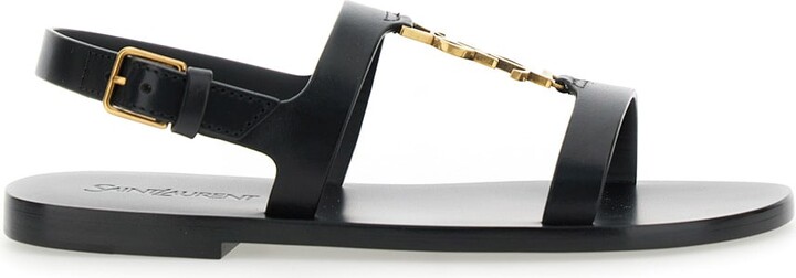 Black Sandals With Metal Cassandre On The Front And Adjustable Strap In Leather Woman