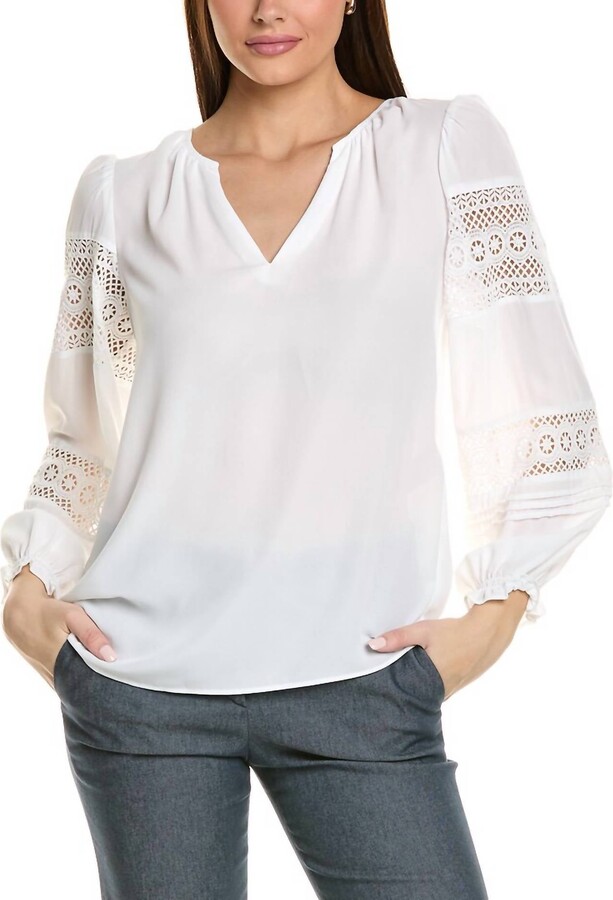 Joseph Ribkoff Lace Insert Blouse In 34 - Off White