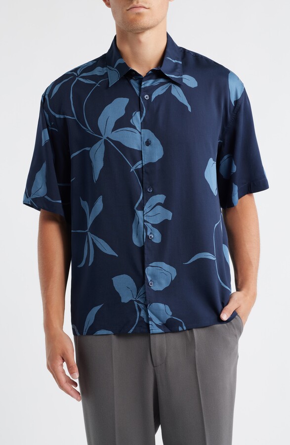 Open Edit Floral Short Sleeve Cotton Button-Up Shirt