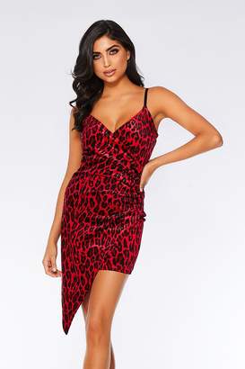 Quiz Red Velvet Leopard Wrap Front Dress