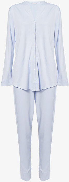 Hanro Womens Blue Glow Pure Essence Cotton-Jersey Pyjama Set Xl