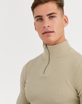 Thumbnail for your product : ASOS DESIGN DESIGN muscle fit ribbed half zip jumper in oatmeal