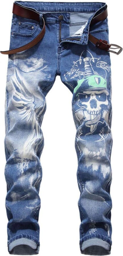 Loeay Black Skull 3D Print Men's Denim Jeans Pants Long Classic Slim Fit  Trousers for Men Summer Streetwear Pocket Male Clothes 914 38 - ShopStyle