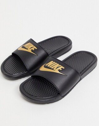 Nike Benassi JDI sliders in black/gold - ShopStyle Sandals
