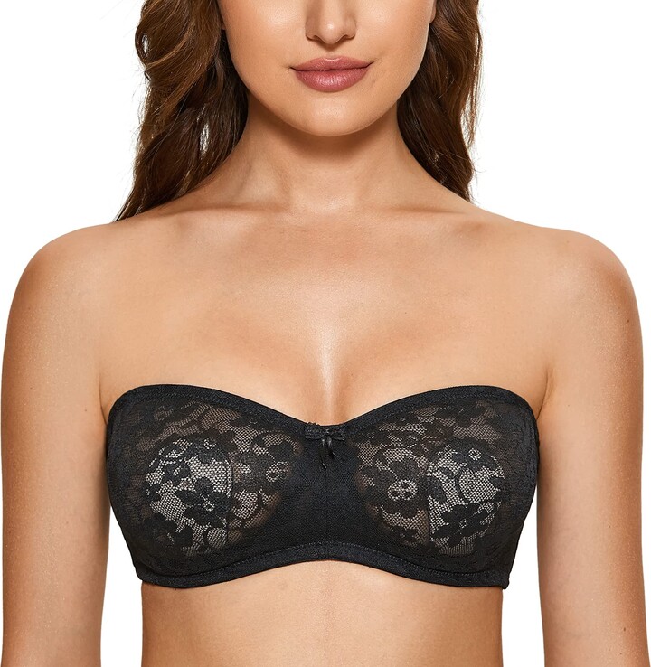 DOBREVA Women's Lace Strapless Bra See Through Minimizer Plus Size  Underwire Sexy Bandeau Black 36A - ShopStyle