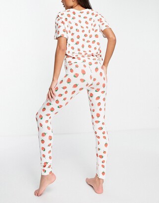 Monki Teddy cotton strawberry print pyjama set in white - WHITE