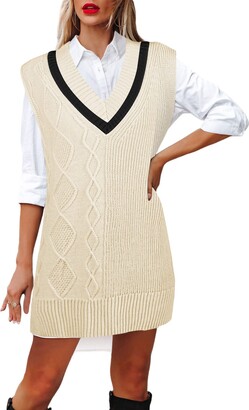 HUUSA Women's Oversized V Neck Knit Sweater Vest Houndstooth Uniform Tunic  Sleeveless Split Pullover Tops Ribbed Sweater Tank Top Dresses Khaki 2 XL -  ShopStyle