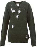 Thumbnail for your product : Vetements Distressed V-neck Wool Sweater - Mens - Green
