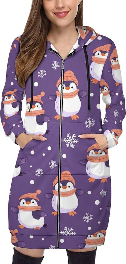 Generic Penguin Snowflake Purple Polka Dot Women's Hoodies Long Sweatshirts Long Sleeve Tunic Casual Jacket Coat with Pocket