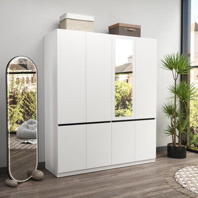 4 Door Modern Classic Style Wardrobe, White Finish Armoire With Mirror Suitable For Any Decorative Style Closet