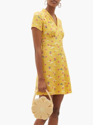HVN Morgan Seagull-print Silk Mini Dress - Yellow