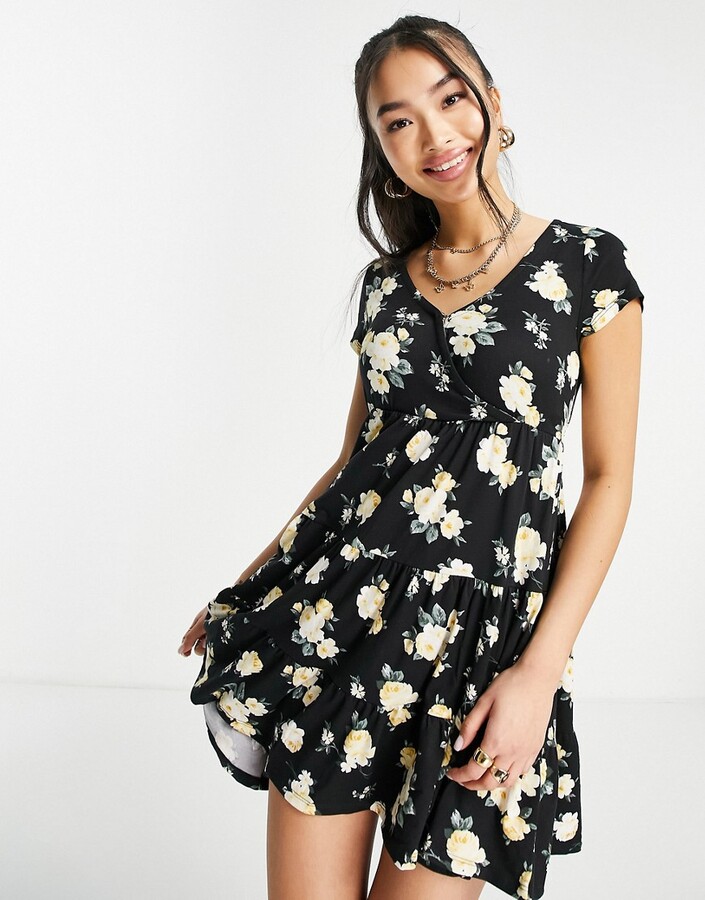 Hollister floral print tiered mini dress in black - ShopStyle