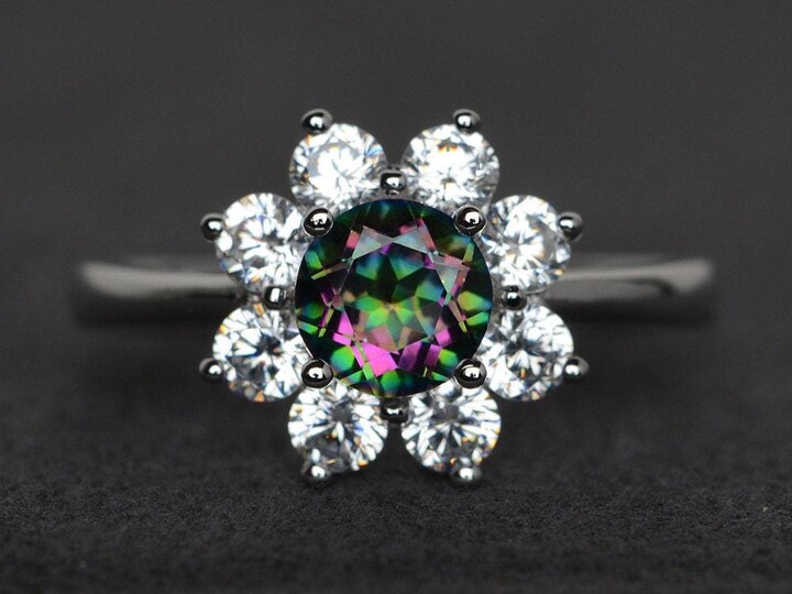 Etsy Rainbow Mystic Topaz Ring Round Cut Silver Promise Engagement Halo