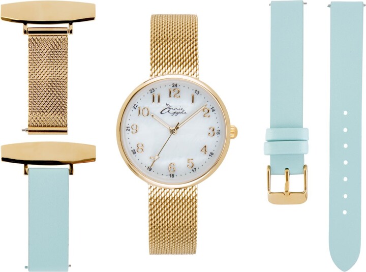 Bermuda Watch Company Gold / Blue Annie Apple Venus Interchangeable, Mother Of Pearl, Gold Mesh, Blue Leather Nurses Fob Watch