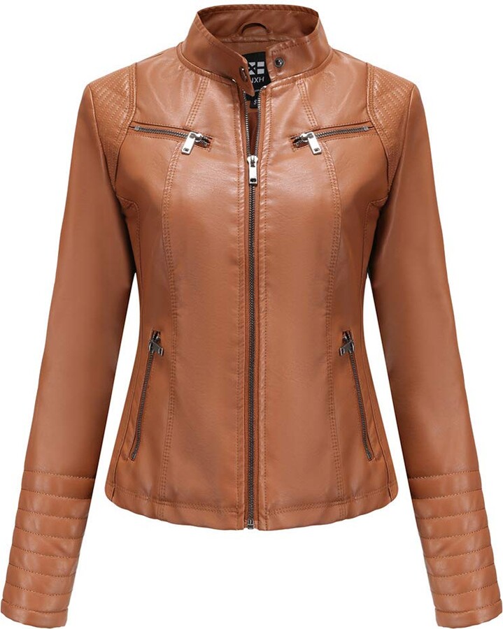 OTW Womens Stand Collar Zip-up Slim Fit Faux PU Leather Moto Jacket Coat Outerwear