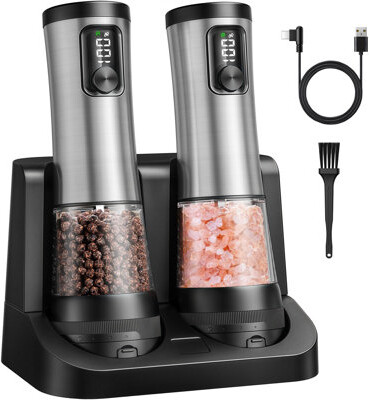 APPENIN WINTER PARK CORP Electric Salt And Pepper Grinder Set - Grinder Automatic Pepper Mills With Battery Display Rechargeable Base, Stainless Steel Salt Shakers With 5 Leve