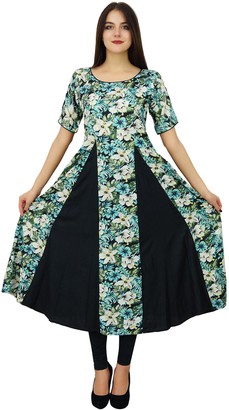 Bimba Womens Floral Print Rayon Dress Long Flaired Maxi Kurti Trendy Chic Designer Indian Clothing Black