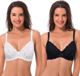 Thumbnail for your product : Curve Muse Semi-Sheer Balconette Underwire Lace Bra and Scalloped Hems (2 Pack)-Black WHITE-46DD (EU:105E)