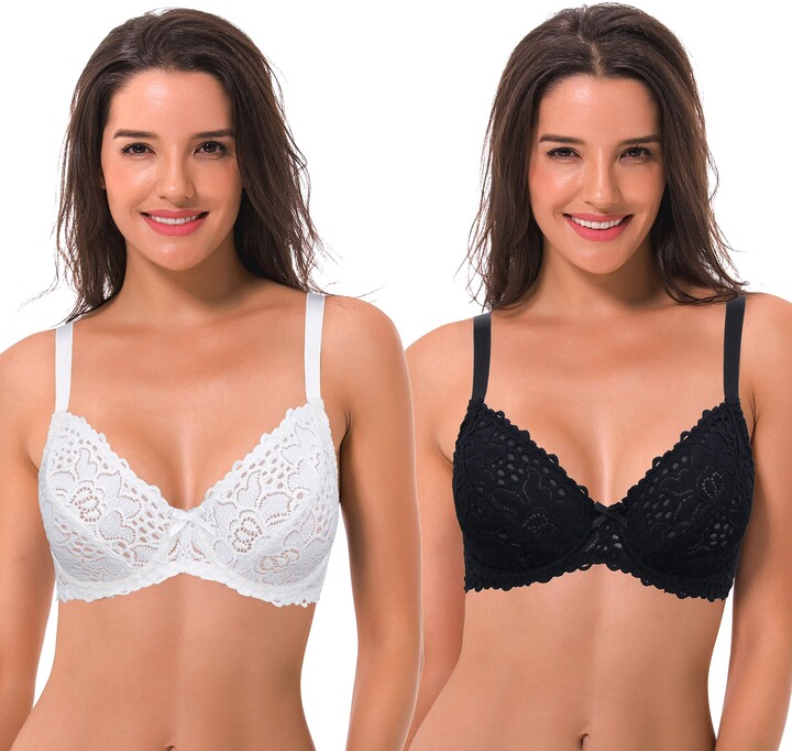Curve Muse Semi Sheer Balconette Underwire Lace Bra and Scalloped Hems