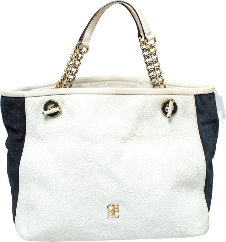 CH Carolina Herrera White Textured Leather And Suede Totes Bag