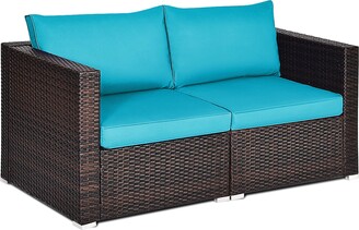2PCS Patio Furniture Rattan Loveseat Sofa with Removable Cushion