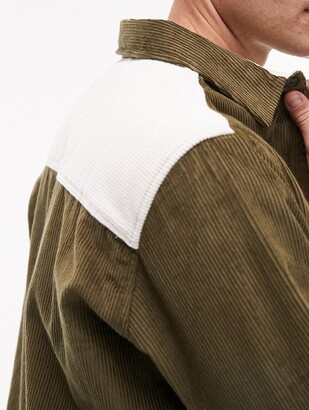 Topman long sleeve regular fit cord overshirt with contrast pockets in khaki