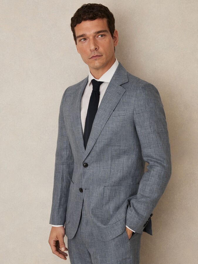 Reiss Slim Fit Single Breasted Linen Check Suit Blazer