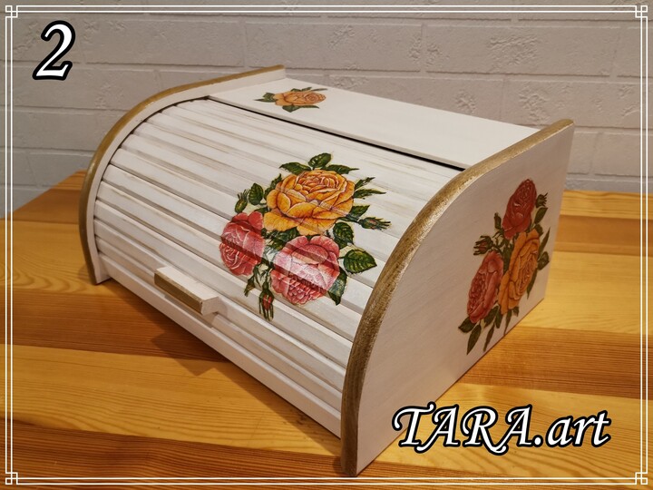 Vintage Bread Box From Wood, Retro Bin, Decorative Storage With Flowers, White Kitchen Decoration Antique Gold, Rose Pattern