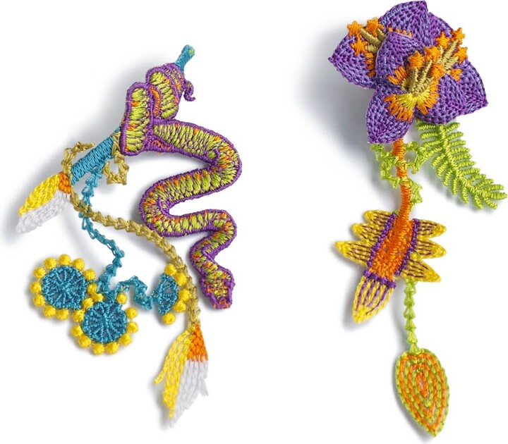 Nana Watanabe Garden Snake Floral Embroidered Earrings - Purple