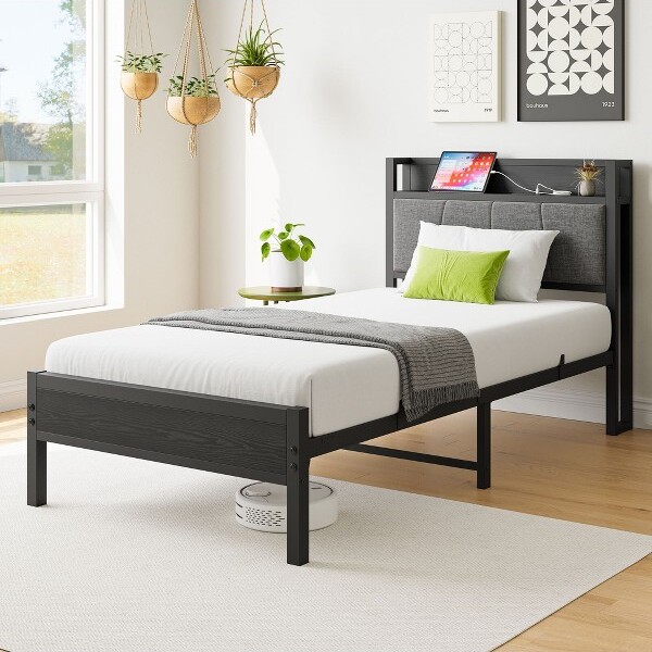 MAYEERTYTwinSizeBedFramewithStorageHeadboard&ChargingStationNoBoxSpringNeededforBedroom