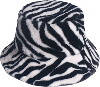 VALICLUD Winter Bucket Hat Zebra Print Faux Fur Fisherman Hat Cap Plush Cloche Hat for Women Black