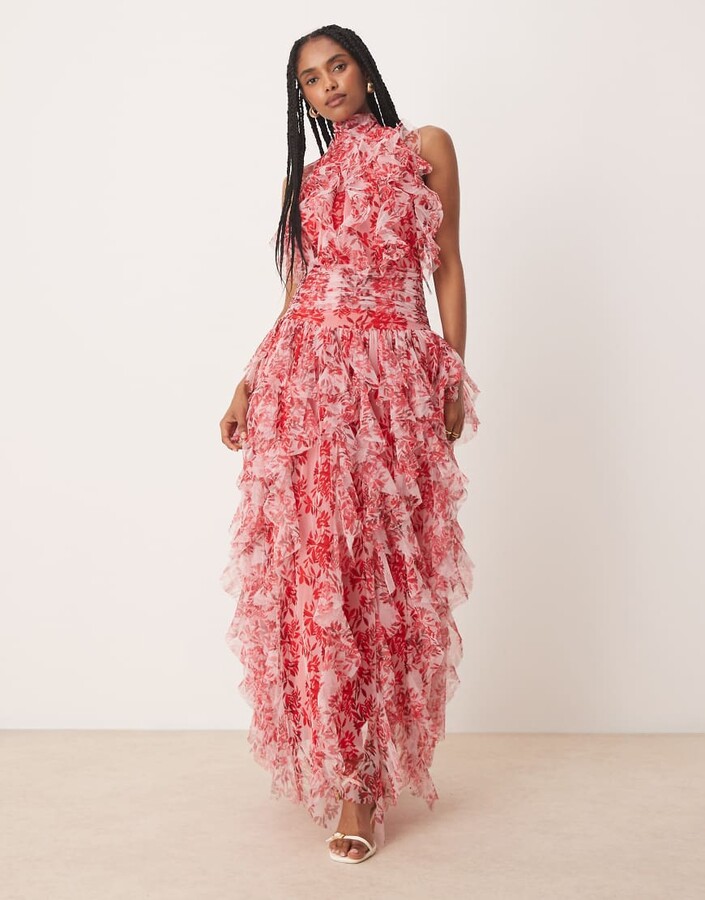 Lace & Beads backless ruffle tulle maxi dress in red floral