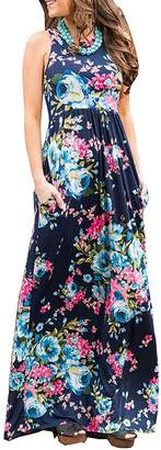 Assivia Women's Floral Print Sleeveless Pockets Tunic Long Maxi Casual Dress