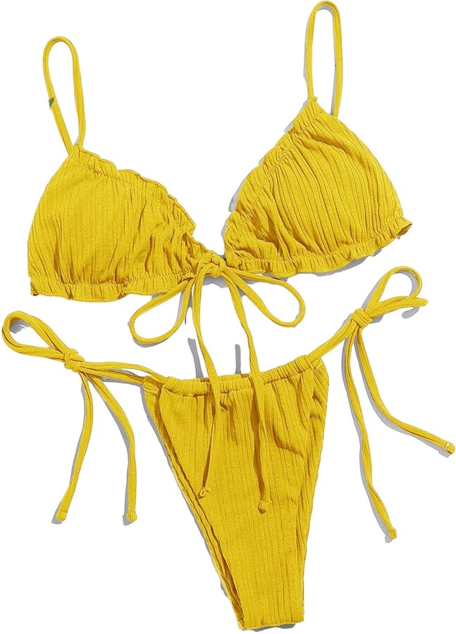 Lilosy Sexy Ribbed Padded String Thong Brazilian Bikini Swimsuit Set