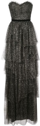 Marchesa Notte Ruffled Tiered Strapless Gown