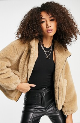 Topshop faux leather oversized shearling lined biker jacket in brown -  ShopStyle