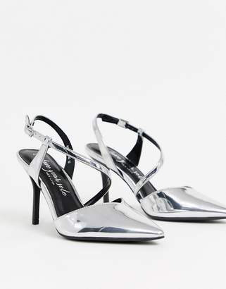New Look metallic cross strap heeled court shoes in silver
