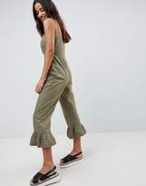 Thumbnail for your product : ASOS DESIGN cotton frill hem jumpsuit with square neck and button detail