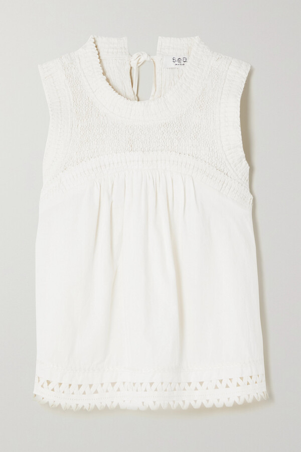 Sea Willa Smocked Ric Rac-trimmed Cotton-poplin Blouse - White - ShopStyle