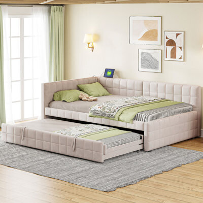 Latitude Run Full Size L-Shaped Upholstered Daybed with Pull-Out Twin Pop-Up Trundle & Built-in USB Charging Ports Gray