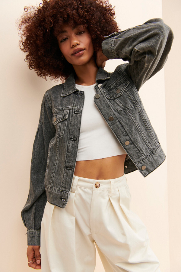 washed black cropped denim jacket